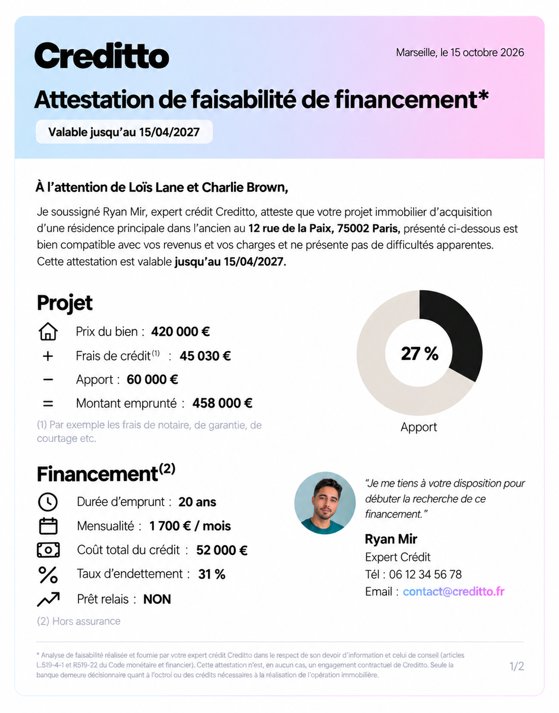 Attestation de financement Creditto